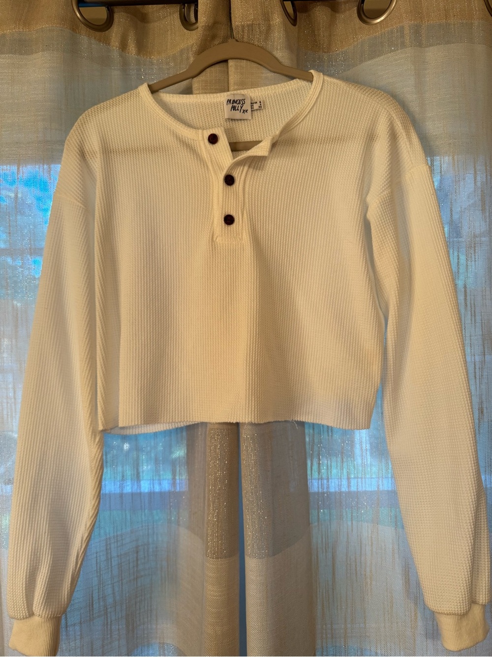 Princess Polly White Waffle Henley with Brown Buttons